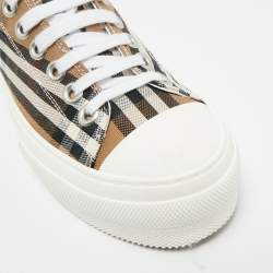 Pre Owned Burberry Beige Check Canvas Lace Up Sneakers Size 37