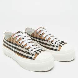 Pre Owned Burberry Beige Check Canvas Lace Up Sneakers Size 37