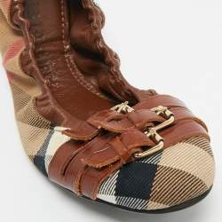Pre Owned Burberry Multicolor Nova Check Canvas and Leather Buckle Scrunch Ballet Flats Size 38