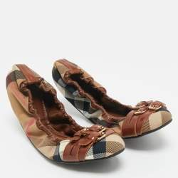 Pre Owned Burberry Multicolor Nova Check Canvas and Leather Buckle Scrunch Ballet Flats Size 38