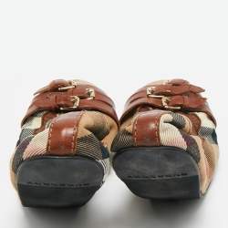 Pre Owned Burberry Multicolor Nova Check Canvas and Leather Buckle Scrunch Ballet Flats Size 38