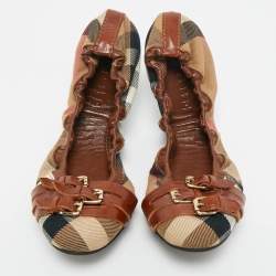 Pre Owned Burberry Multicolor Nova Check Canvas and Leather Buckle Scrunch Ballet Flats Size 38