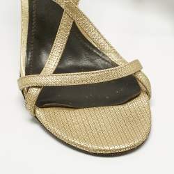 Pre Owned Burberry Gold Textured Leather Criss Cross Ankle Strap Sandals Size 37
