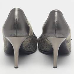 Pre Owned Burberry Grey/Beige Canvas and Leather Buckle Peep Toe Pumps Size 37