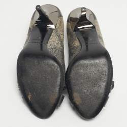 Pre Owned Burberry Grey/Beige Canvas and Leather Buckle Peep Toe Pumps Size 37