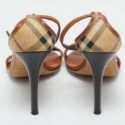 Pre Owned Burberry Brown House Check Canvas and Leather Ankle Strap Sandals Size 38