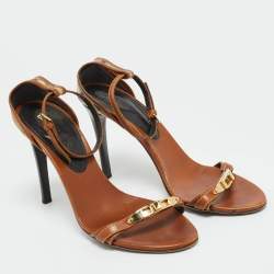 Pre Owned Burberry Brown House Check Canvas and Leather Ankle Strap Sandals Size 38