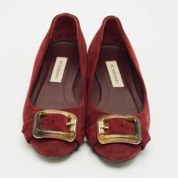 Pre Owned Burberry Burgundy Suede Keswick Buckle Ballet Flats Size 39