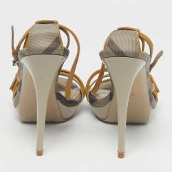 Pre Owned Burberry Yellow House Check Canvas and Leather Ankle Strap Sandals Size 38