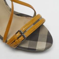 Pre Owned Burberry Yellow House Check Canvas and Leather Ankle Strap Sandals Size 38