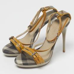 Pre Owned Burberry Yellow House Check Canvas and Leather Ankle Strap Sandals Size 38