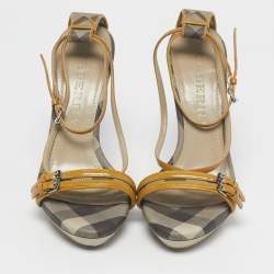 Pre Owned Burberry Yellow House Check Canvas and Leather Ankle Strap Sandals Size 38