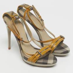 Pre Owned Burberry Yellow House Check Canvas and Leather Ankle Strap Sandals Size 38