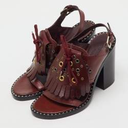 Pre Owned Burberry Burgundy Leather Beverley Eyelet Fringe Detail Block Heel Sandals Size 38