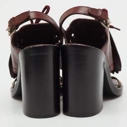 Pre Owned Burberry Burgundy Leather Beverley Eyelet Fringe Detail Block Heel Sandals Size 38