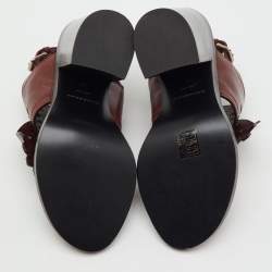 Pre Owned Burberry Burgundy Leather Beverley Eyelet Fringe Detail Block Heel Sandals Size 38