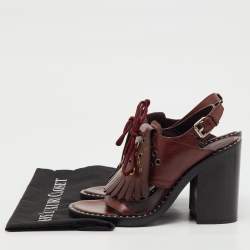 Pre Owned Burberry Burgundy Leather Beverley Eyelet Fringe Detail Block Heel Sandals Size 38