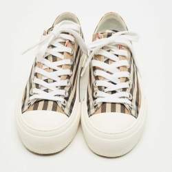 Pre Owned Burberry Beige Canvas and Rubber Check Low Top Sneakers Size 36.5