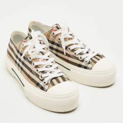 Pre Owned Burberry Beige Canvas and Rubber Check Low Top Sneakers Size 36.5