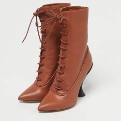 Pre Owned Burberry Tan Leather Lace Up Ankle Length Boots Size 36
