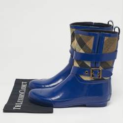 مملوكة مسبقًا Burberry Beige/Blue House Check Canvas and Blue Rubber Rain Boots Size 39