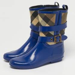 مملوكة مسبقًا Burberry Beige/Blue House Check Canvas and Blue Rubber Rain Boots Size 39