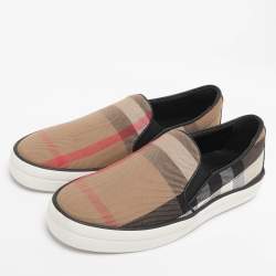Pre Owned Burberry Beige/Black Canvas And Leather Gauden Slip On Sneakers 35