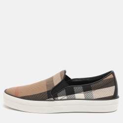 Pre Owned Burberry Beige/Black Canvas And Leather Gauden Slip On Sneakers 35