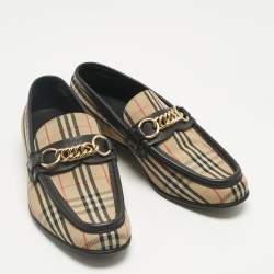 Pre Owned Burberry Beige/Black Nova Check Canvas and Leather Moorley Chain Loafers Size 37