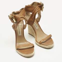 Pre Owned Burberry Brown Leather Catsbrook Espadrille Wedge Sandals Size 38