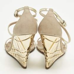Pre Owned Burberry Beige/Gold Leather and Suede Wedge Sandals Size 36