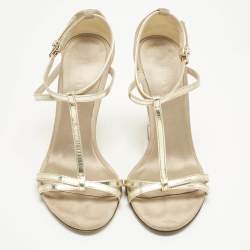 Pre Owned Burberry Beige/Gold Leather and Suede Wedge Sandals Size 36