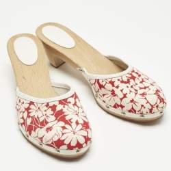 Pre Owned Burberry Cream/Red Flora Canvas and Leather Mules Size 38