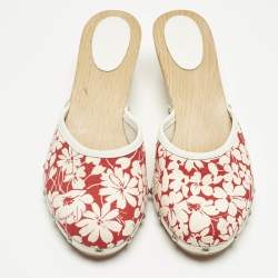Pre Owned Burberry Cream/Red Flora Canvas and Leather Mules Size 38