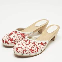 Pre Owned Burberry Cream/Red Flora Canvas and Leather Mules Size 38