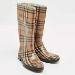 Pre Owned Burberry Brown PVC House Check Rain Boots Size 37