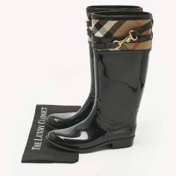 Pre Owned Burberry Black/Beige Rubber and House Check Canvas Rain Boots Size 35