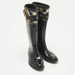 Pre Owned Burberry Black/Beige Rubber and House Check Canvas Rain Boots Size 35