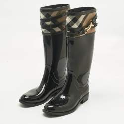 Pre Owned Burberry Black/Beige Rubber and House Check Canvas Rain Boots Size 35
