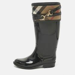 Pre Owned Burberry Black/Beige Rubber and House Check Canvas Rain Boots Size 35