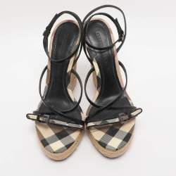 Pre Owned Burberry Beige/Black Check Patent Leather and Canvas Espadrille Wedge Sandals Size 39