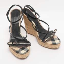 Pre Owned Burberry Beige/Black Check Patent Leather and Canvas Espadrille Wedge Sandals Size 39