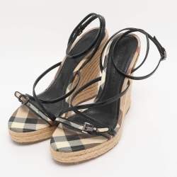 Pre Owned Burberry Beige/Black Check Patent Leather and Canvas Espadrille Wedge Sandals Size 39