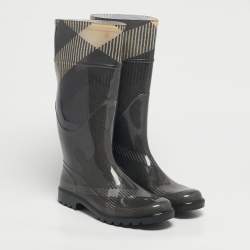 Pre Owned Burberry Green/Beige Rubber House Check Rain Boots Size 38