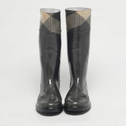 Pre Owned Burberry Green/Beige Rubber House Check Rain Boots Size 38