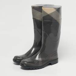 Pre Owned Burberry Green/Beige Rubber House Check Rain Boots Size 38