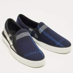 Pre Owned Burberry Navy Blue/Black Gauden Check Canvas Slip On Sneakers Size 38.5