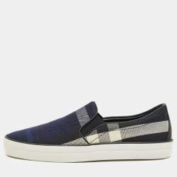 Pre Owned Burberry Navy Blue/Black Gauden Check Canvas Slip On Sneakers Size 38.5