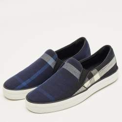 Pre Owned Burberry Navy Blue/Black Gauden Check Canvas Slip On Sneakers Size 38.5