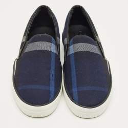 Pre Owned Burberry Navy Blue/Black Gauden Check Canvas Slip On Sneakers Size 38.5